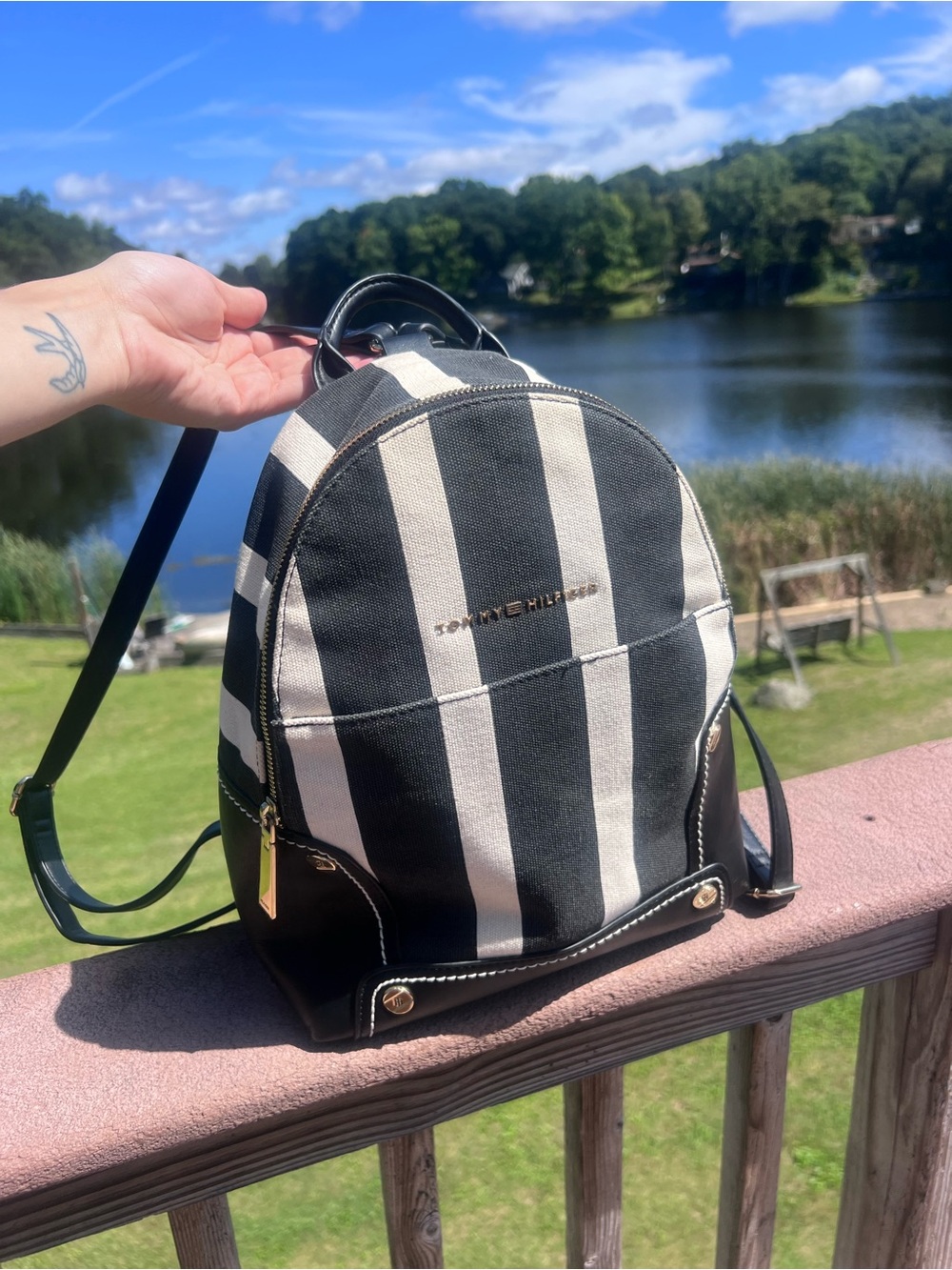 Tommy Hilfiger Black & White Striped Canvas Mini Backpack